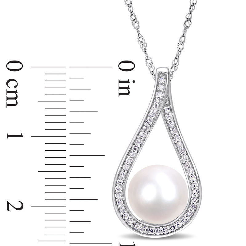 9.0 - 9.5mm Cultured Freshwater Pearl and 0.18 CT. T.W. Diamond Open Teardrop Frame Pendant in 14K White Gold - 17"