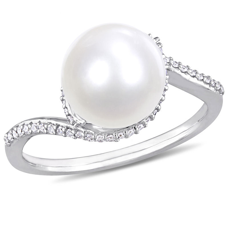 9.0 - 9.5mm Cultured Freshwater Pearl and 0.15 CT. T.W. Diamond Bypass Ring in 10K White Gold