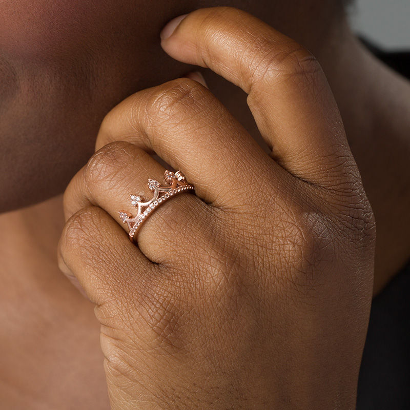 Lab-Created White Sapphire Crown Ring in 10K Rose Gold