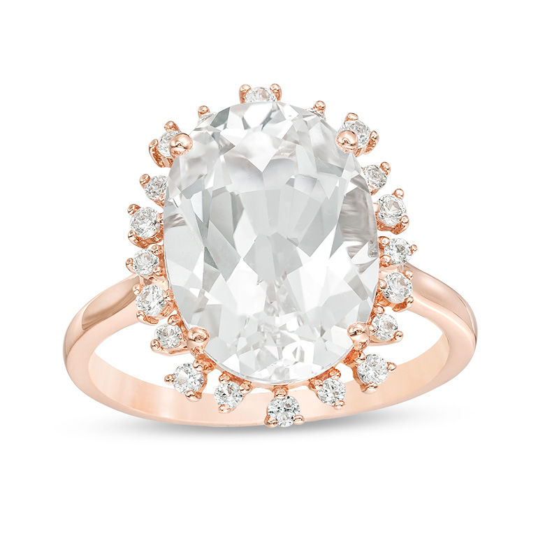 Oval Lab-Created White Sapphire Sunburst Frame Ring in Sterling Silver with 18K Rose Gold Plate - Size 7