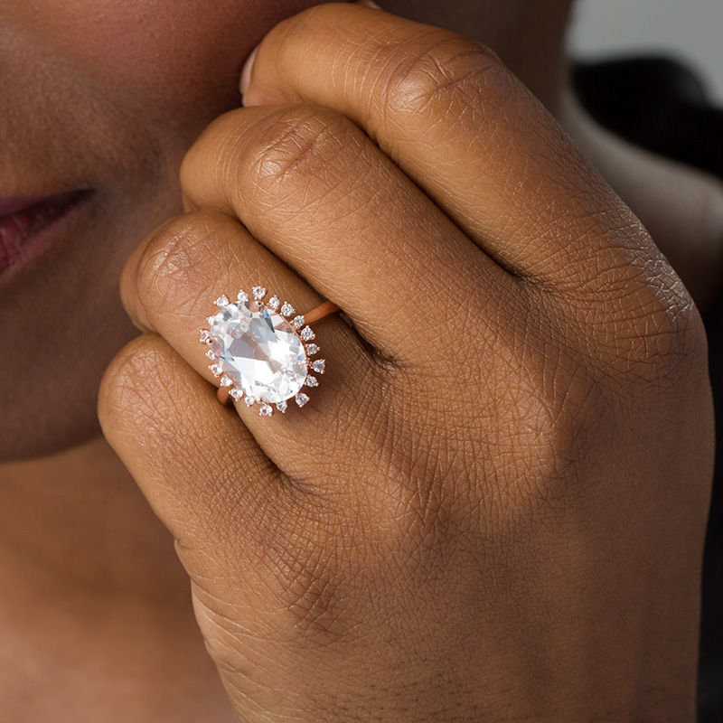 Oval Lab-Created White Sapphire Sunburst Frame Ring in Sterling Silver with 18K Rose Gold Plate - Size 7|Peoples Jewellers