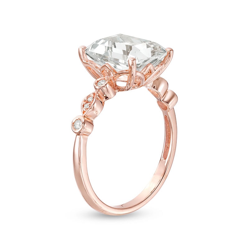 Main Image 2 of Octagonal Lab-Created White Sapphire and 0.04 CT. T.W. Diamond Art Deco Ring in 10K Rose Gold - Size 7