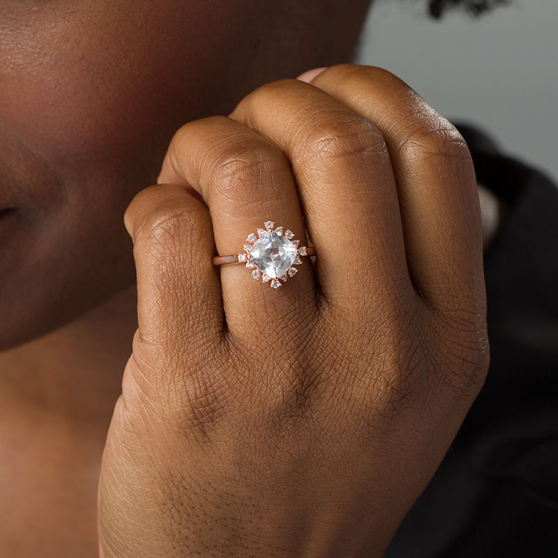 Cushion-Cut Lab-Created White Sapphire Sunburst Frame Ring in 10K Rose Gold|Peoples Jewellers