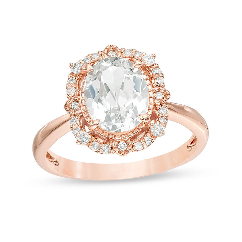 Oval Lab-Created White Sapphire and 0.148 CT. T.W. Diamond Frame Vintage-Style Ring in 10K Rose Gold