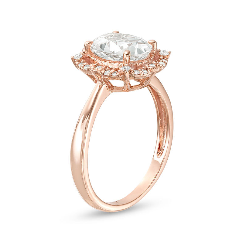 Oval Lab-Created White Sapphire and 0.148 CT. T.W. Diamond Frame Vintage-Style Ring in 10K Rose Gold