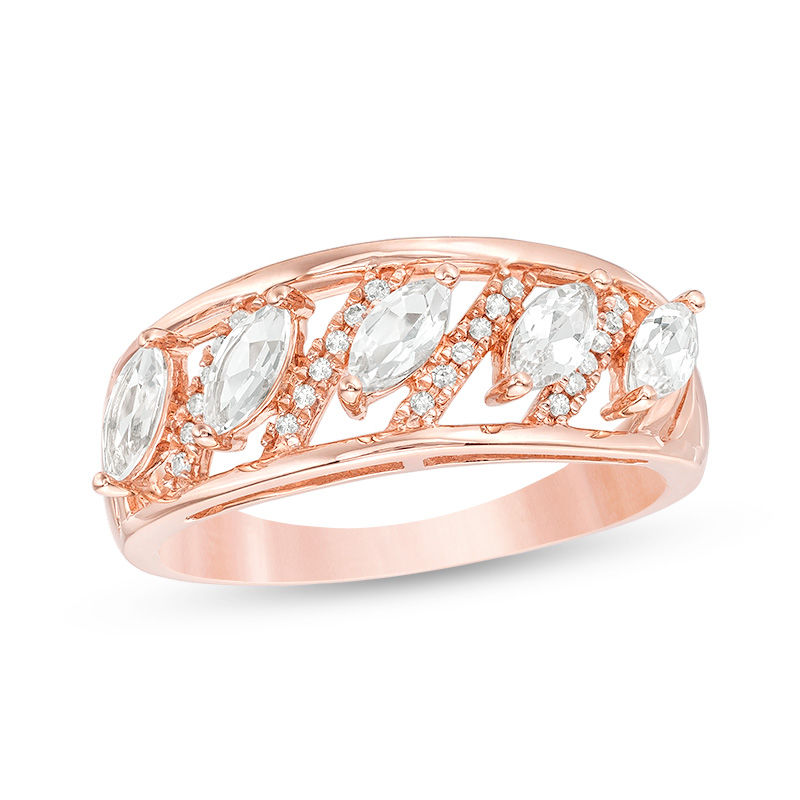 Marquise Lab-Created White Sapphire and 0.07 CT. T.W. Diamond Slant Ring in 10K Rose Gold - Size 7