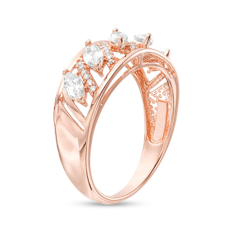 Marquise Lab-Created White Sapphire and 0.07 CT. T.W. Diamond Slant Ring in 10K Rose Gold - Size 7