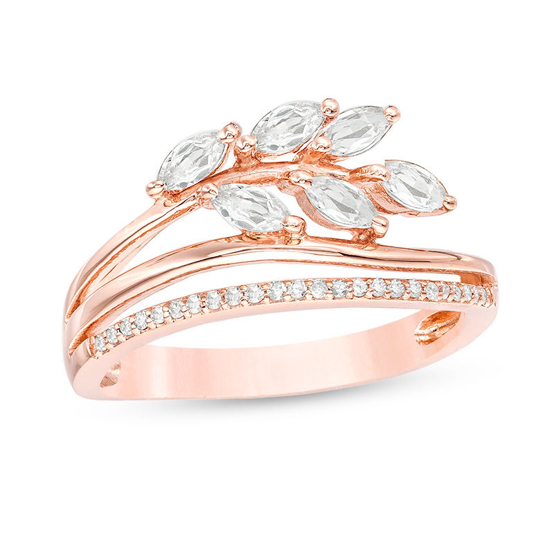 Marquise Lab-Created White Sapphire and 0.07 CT. T.W. Diamond Leaf Bypass Wrap Ring in 10K Rose Gold