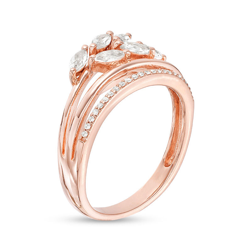 Marquise Lab-Created White Sapphire and 0.07 CT. T.W. Diamond Leaf Bypass Wrap Ring in 10K Rose Gold