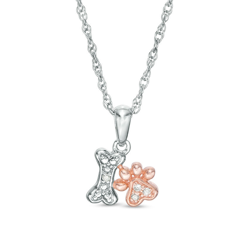 Diamond Accent Dog Bone and Paw Print Pendant in Sterling Silver and 10K Rose Gold|Peoples Jewellers