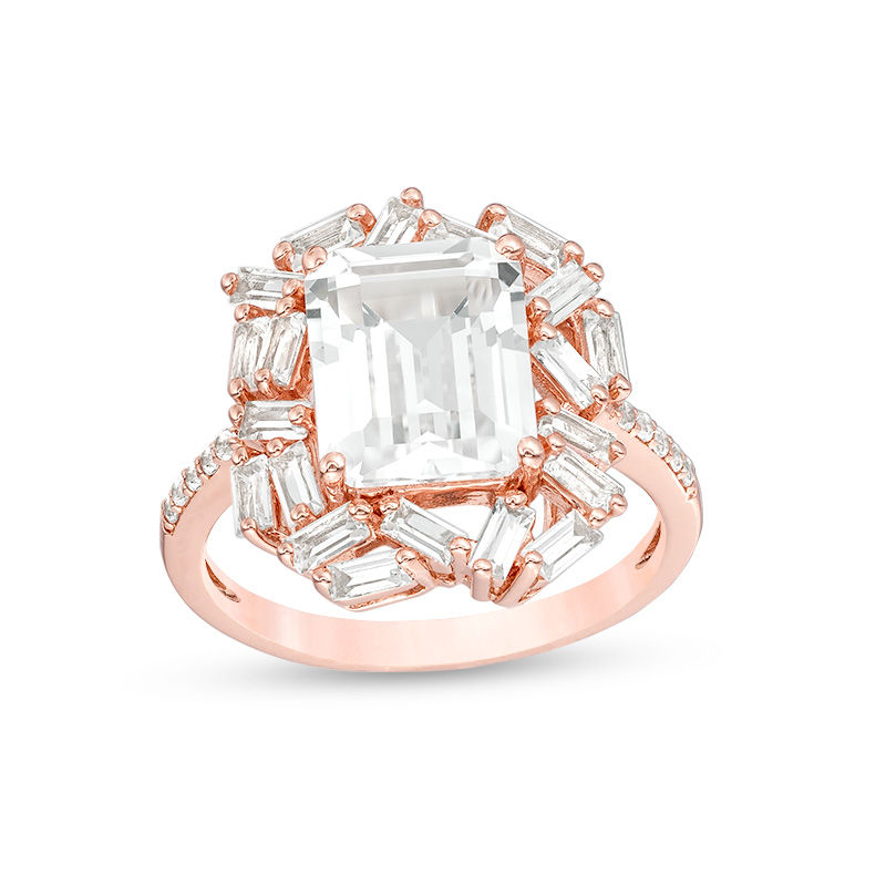 Emerald-Cut Lab-Created White Sapphire Frame Art Deco Ring in Sterling Silver with 18K Rose Gold Plate - Size 7