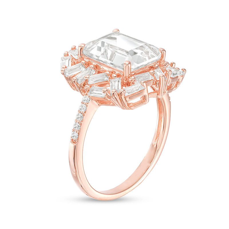 Main Image 2 of Emerald-Cut Lab-Created White Sapphire Frame Art Deco Ring in Sterling Silver with 18K Rose Gold Plate - Size 7