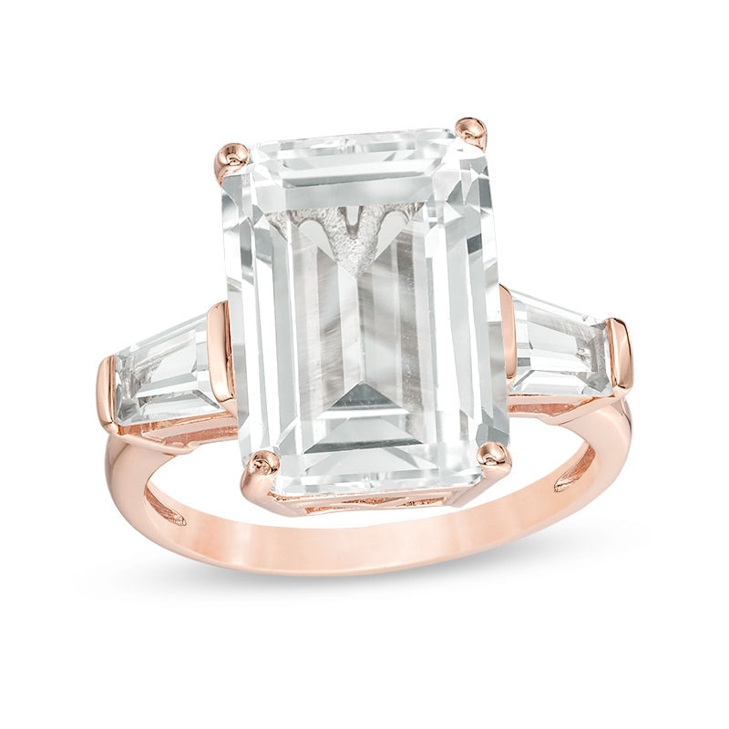 Emerald-Cut Lab-Created White Sapphire Three Stone Collar Ring in Sterling Silver with 18K Rose Gold Plate