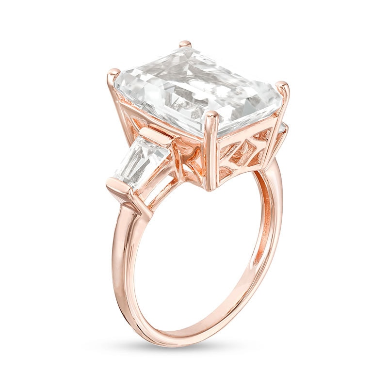 Emerald-Cut Lab-Created White Sapphire Three Stone Collar Ring in Sterling Silver with 18K Rose Gold Plate