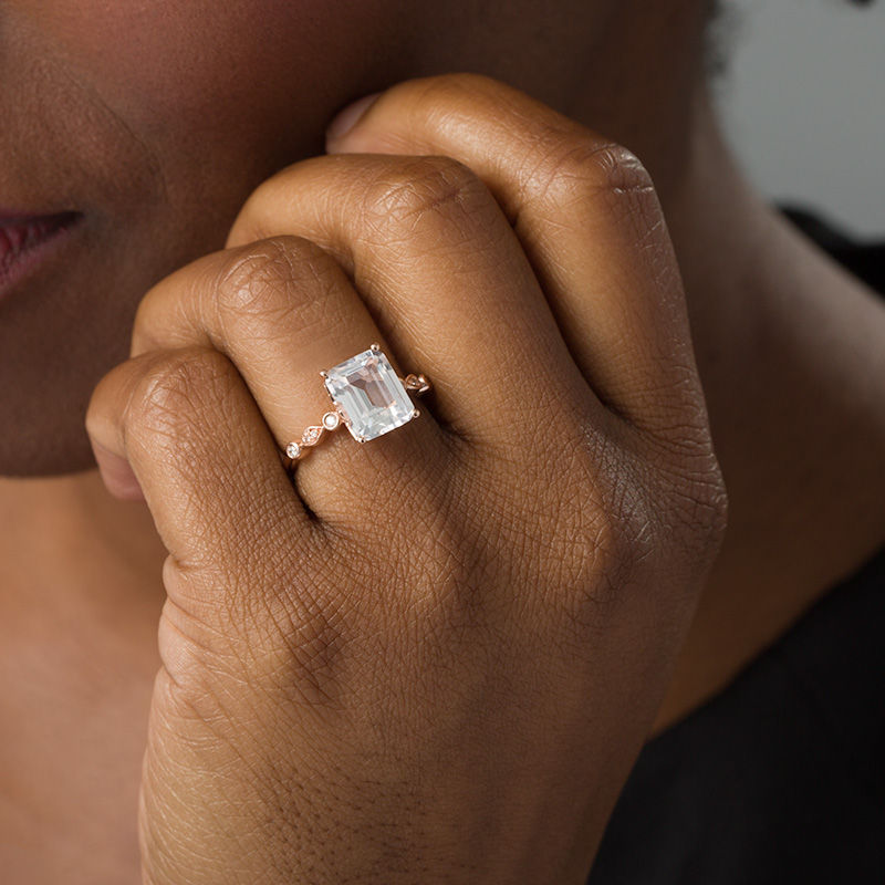 Emerald-Cut Lab-Created White Sapphire Three Stone Collar Ring in Sterling Silver with 18K Rose Gold Plate - Size 7