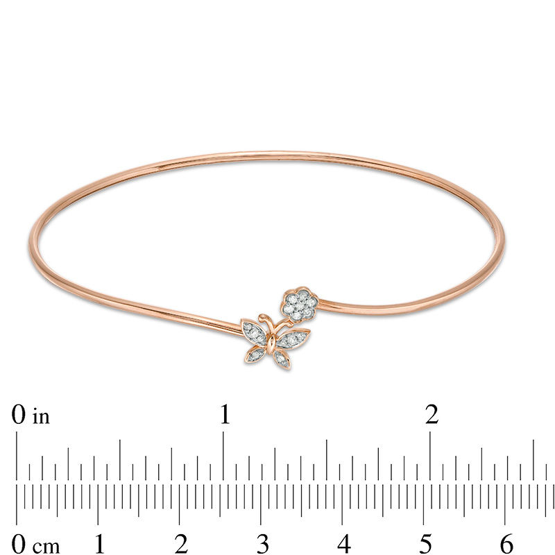 Main Image 3 of 0.085 CT. T.W. Diamond Flower and Butterfly Bypass Open Flex Bangle in 10K Rose Gold