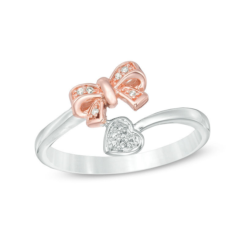 Diamond Accent Heart and Bow Bypass Wrap Ring in Sterling Silver and 10K Rose Gold