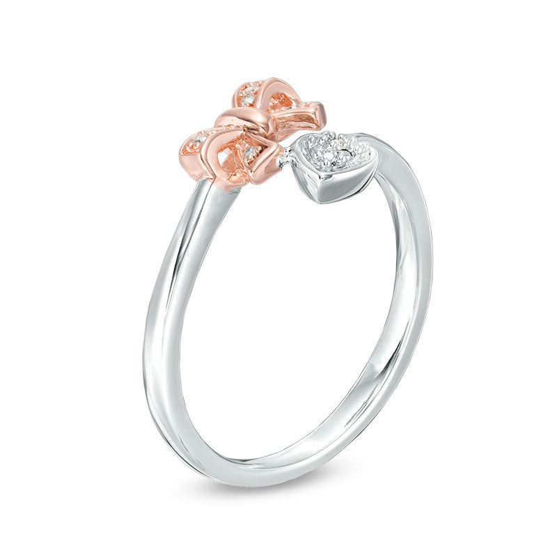 Diamond Accent Heart and Bow Bypass Wrap Ring in Sterling Silver and 10K Rose Gold