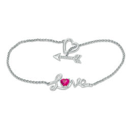 5.0mm Heart-Shaped Lab-Created Ruby and White Sapphire &quot;Love&quot; and Arrow Toggle Bracelet in Sterling Silver - 7.25&quot;