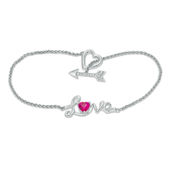 5.0mm Heart-Shaped Lab-Created Ruby and White Sapphire "Love" and Arrow Toggle Bracelet in Sterling Silver - 7.25"
