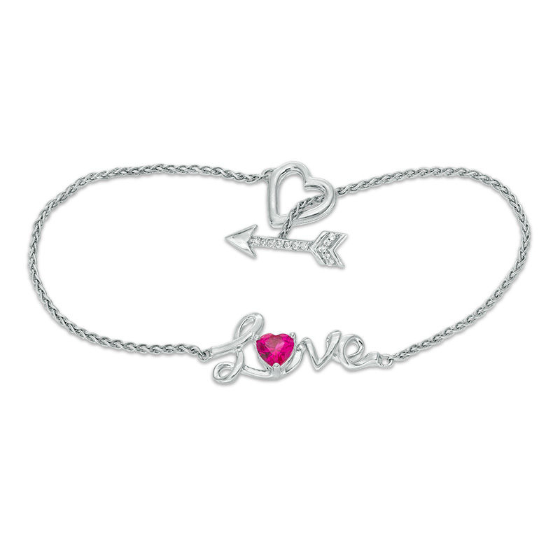 5.0mm Heart-Shaped Lab-Created Ruby and White Sapphire "Love" and Arrow Toggle Bracelet in Sterling Silver - 7.25"|Peoples Jewellers