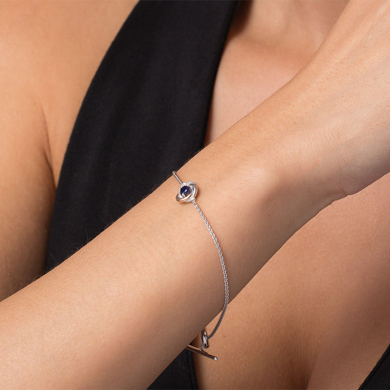 Main Image 2 of 4.0mm Lab-Created Blue and White Sapphire Love Knot Toggle Bracelet in Sterling Silver and 10K Rose Gold - 7.25"