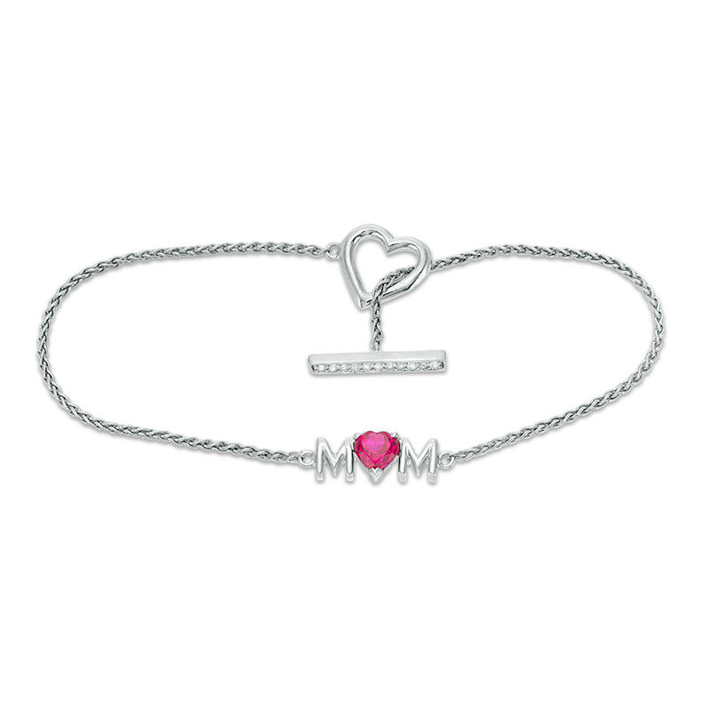 5.0mm Heart-Shaped Lab-Created Ruby and White Sapphire "MOM" Toggle Bracelet in Sterling Silver - 7.25"|Peoples Jewellers