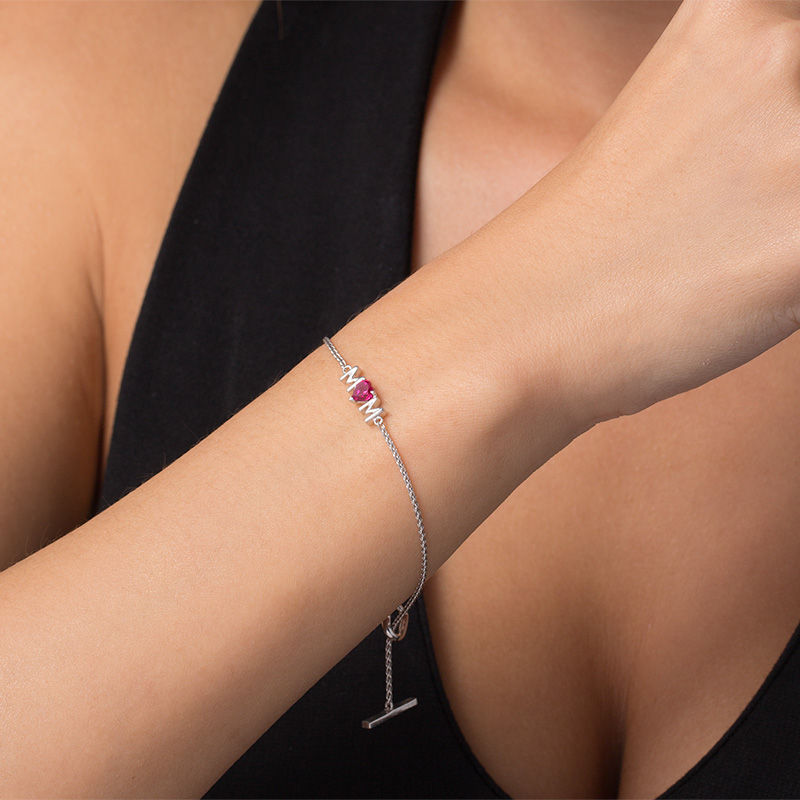 5.0mm Heart-Shaped Lab-Created Ruby and White Sapphire "MOM" Toggle Bracelet in Sterling Silver - 7.25"