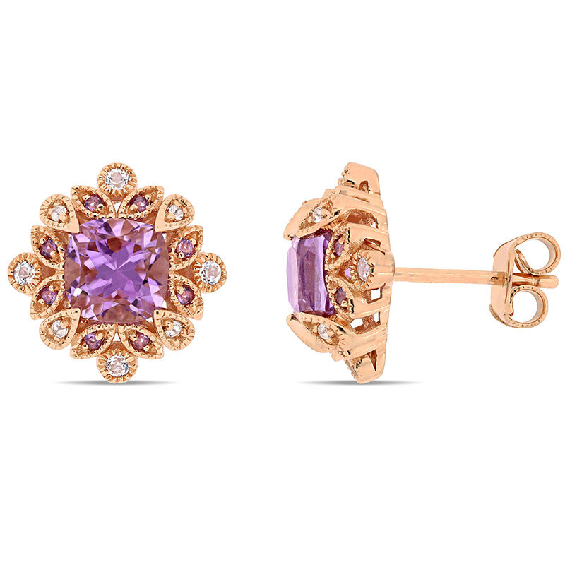 6.0mm Cushion-Cut Amethyst and White Topaz Vintage-Style Art Deco Stud Earrings in Sterling Silver with Rose Rhodium