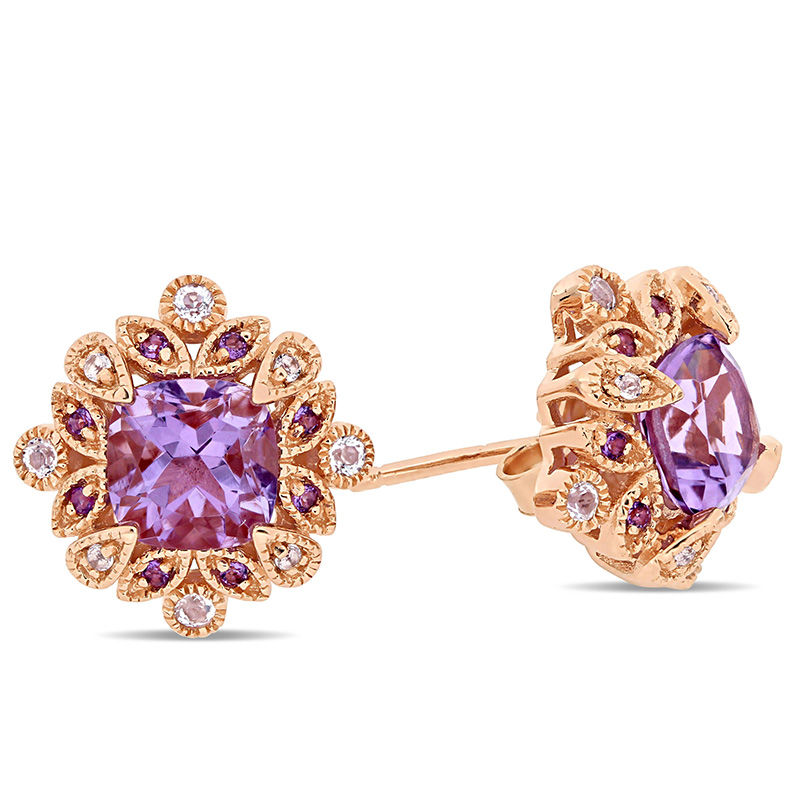 6.0mm Cushion-Cut Amethyst and White Topaz Vintage-Style Art Deco Stud Earrings in Sterling Silver with Rose Rhodium