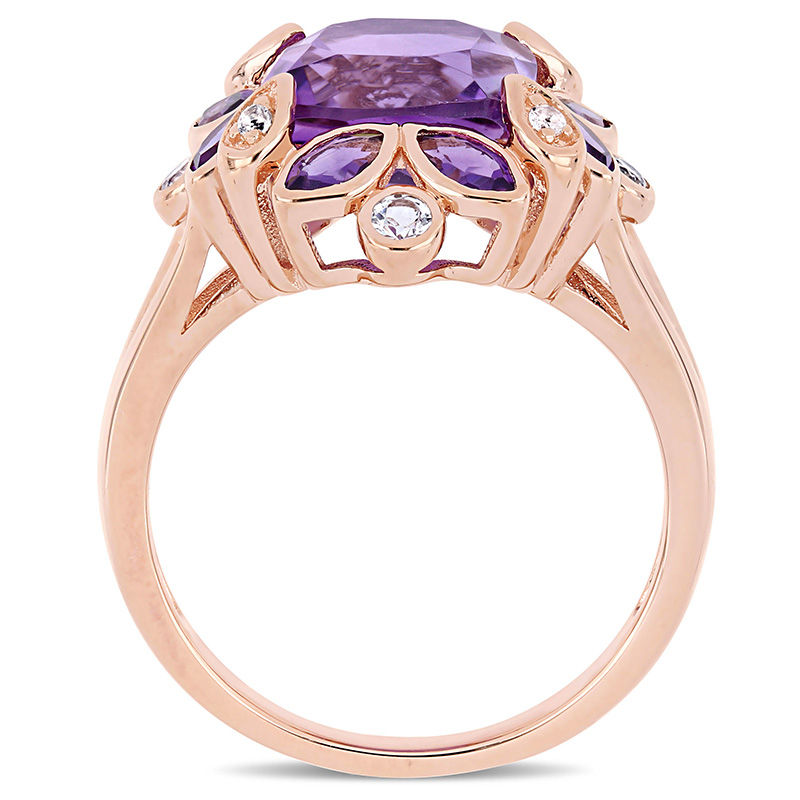 Main Image 2 of 9.0mm Cushion-Cut Amethyst and White Topaz Flower Petal Frame Ring in Sterling Silver with Rose Rhodium