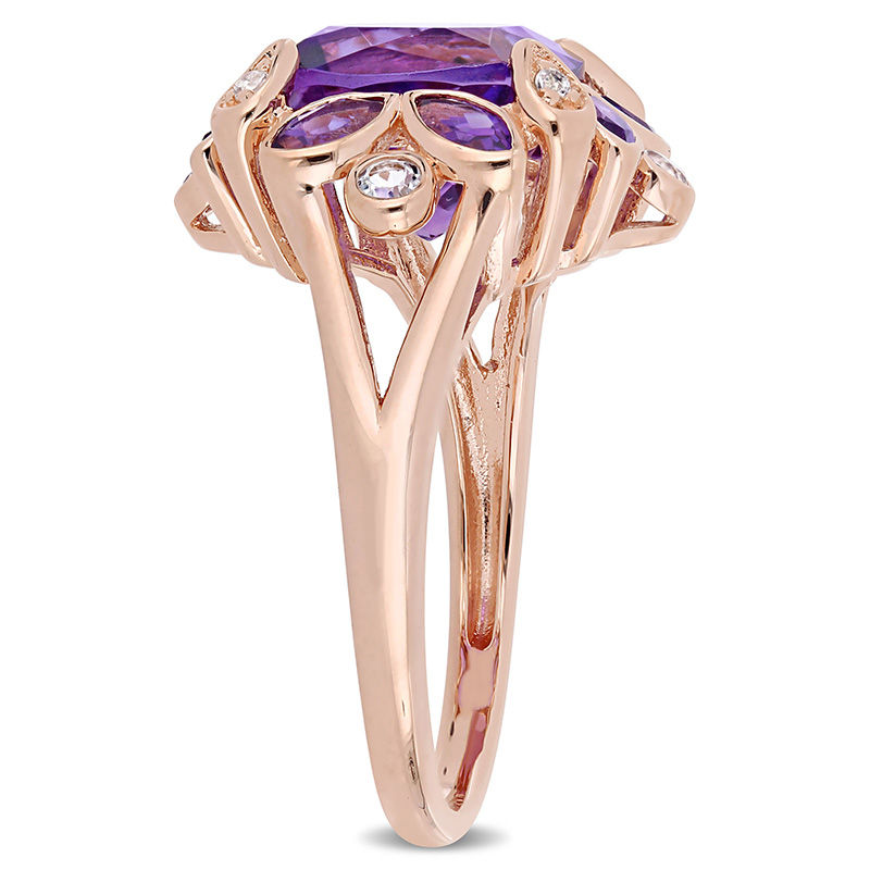 Main Image 4 of 9.0mm Cushion-Cut Amethyst and White Topaz Flower Petal Frame Ring in Sterling Silver with Rose Rhodium