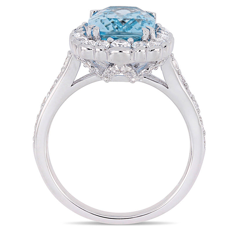 Main Image 2 of Elongated Blue and White Topaz Scallop Frame Ring in Sterling Silver