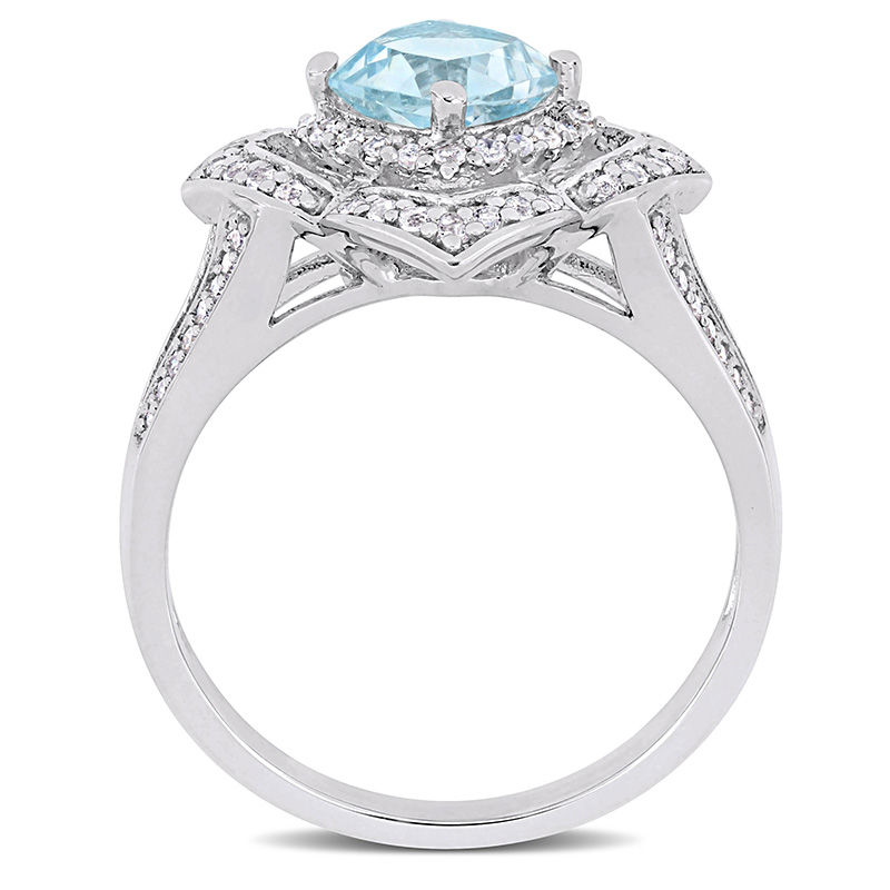 6.0mm Cushion-Cut Blue Topaz and 0.19 CT. T.W. Diamond Flower Frame Split Shank Ring in Sterling Silver