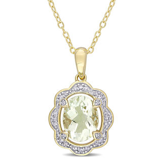 Oval Green Quartz and 0.10 CT. T.W. Diamond Scallop Frame Pendant in Sterling Silver with Yellow Rhodium