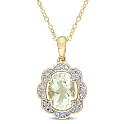 Oval Green Quartz and 0.10 CT. T.W. Diamond Scallop Frame Pendant in Sterling Silver with Yellow Rhodium