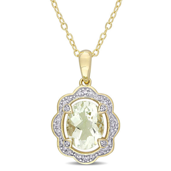 Oval Green Quartz and 0.10 CT. T.W. Diamond Scallop Frame Pendant in Sterling Silver with Yellow Rhodium