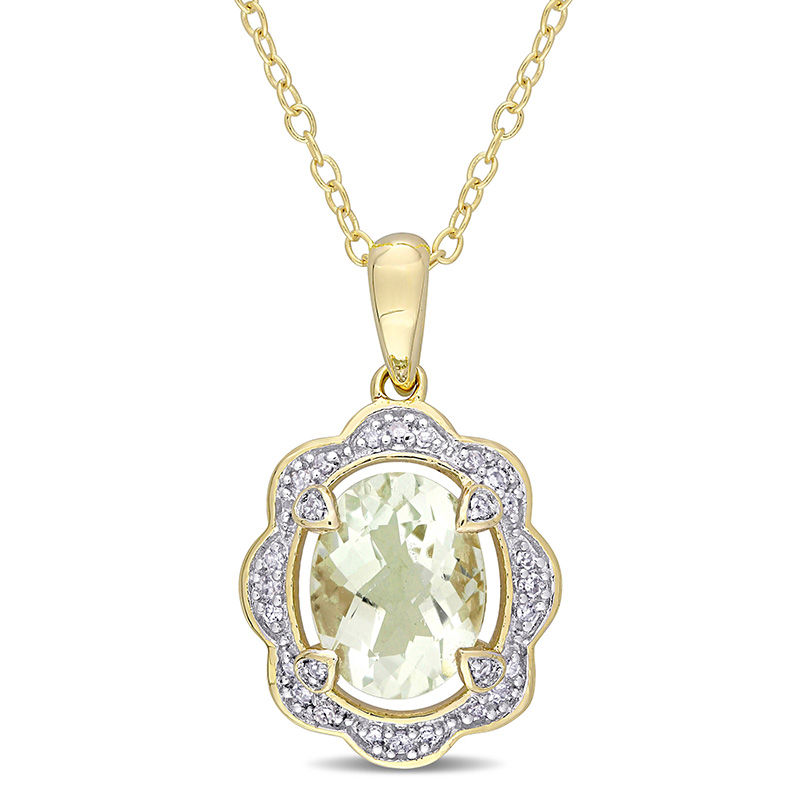 Oval Green Quartz and 0.10 CT. T.W. Diamond Scallop Frame Pendant in Sterling Silver with Yellow Rhodium|Peoples Jewellers