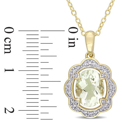 Oval Green Quartz and 0.10 CT. T.W. Diamond Scallop Frame Pendant in Sterling Silver with Yellow Rhodium