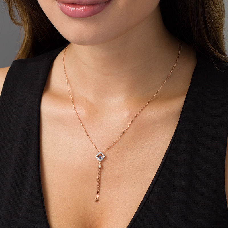 Main Image 2 of Lab-Created Blue and White Sapphire Cushion Frame Tassel Dangle Pendant in Sterling Silver with 14K Rose Gold Plate