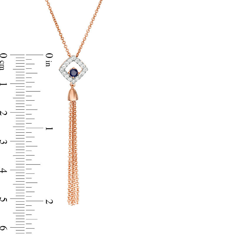 Main Image 3 of Lab-Created Blue and White Sapphire Cushion Frame Tassel Dangle Pendant in Sterling Silver with 14K Rose Gold Plate