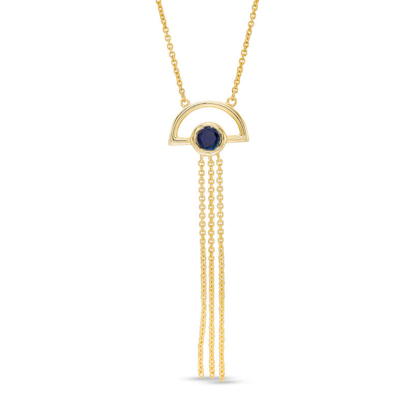 Lab-Created Blue Sapphire Solitaire Tassel Dangle Necklace in Sterling Silver with 14K Gold Plate