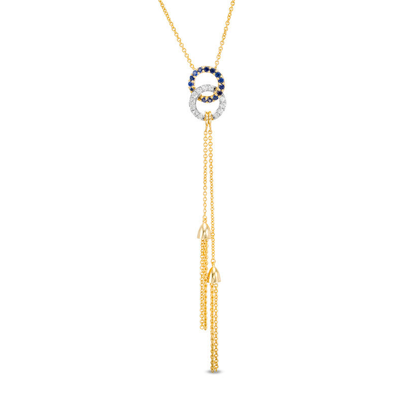 Lab-Created Blue and White Sapphire Interlocking Circles Double Tassel Necklace in Sterling Silver with 14K Gold Plate