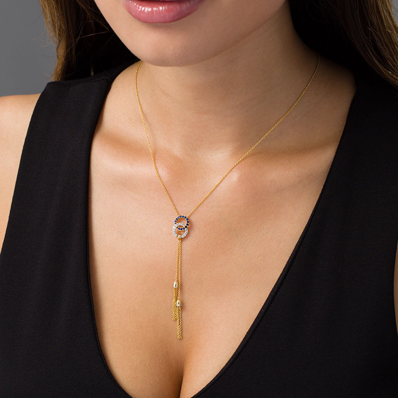 Lab-Created Blue and White Sapphire Interlocking Circles Double Tassel Necklace in Sterling Silver with 14K Gold Plate
