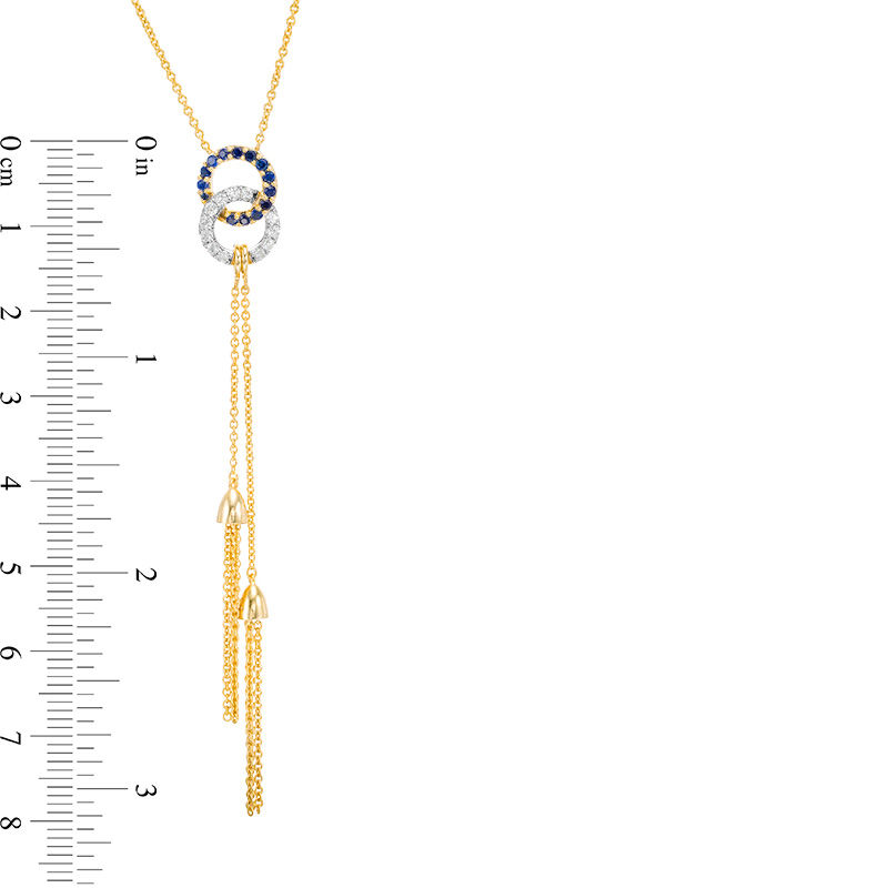Main Image 3 of Lab-Created Blue and White Sapphire Interlocking Circles Double Tassel Necklace in Sterling Silver with 14K Gold Plate