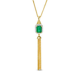 Emerald-Cut Lab-Created Emerald and White Sapphire Frame Tassel Dangle Pendant in Sterling Silver with 14K Gold Plate