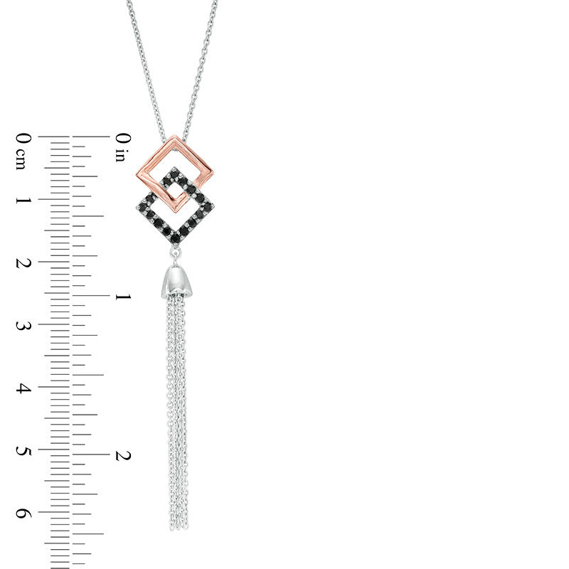 Onyx Interlocking Tilted Squares Tassel Dangle Pendant in Sterling Silver and 10K Rose Gold