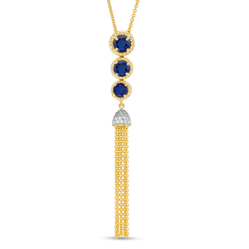 Lab-Created Blue Sapphire and 0.04 CT. T.W. Diamond Three Stone Tassel Pendant in Sterling Silver with 14K Gold Plate