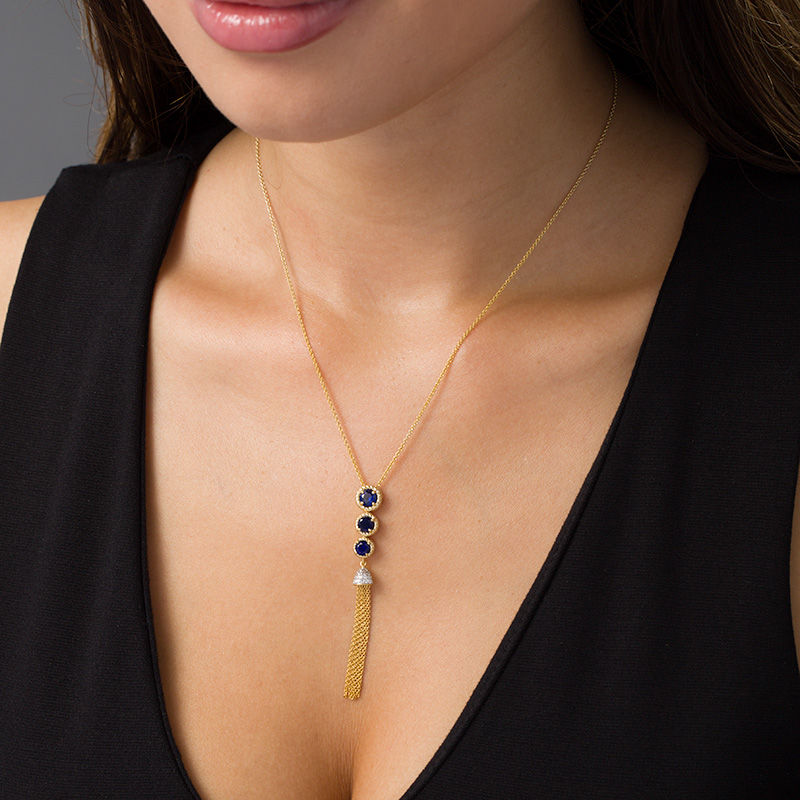 Main Image 2 of Lab-Created Blue Sapphire and 0.04 CT. T.W. Diamond Three Stone Tassel Pendant in Sterling Silver with 14K Gold Plate
