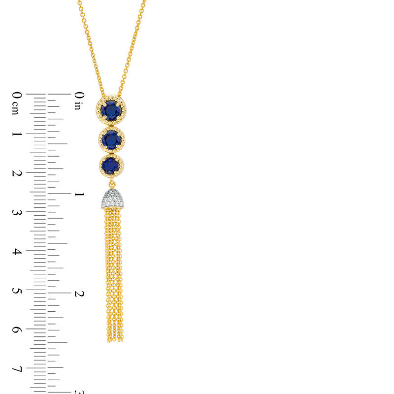 Main Image 3 of Lab-Created Blue Sapphire and 0.04 CT. T.W. Diamond Three Stone Tassel Pendant in Sterling Silver with 14K Gold Plate